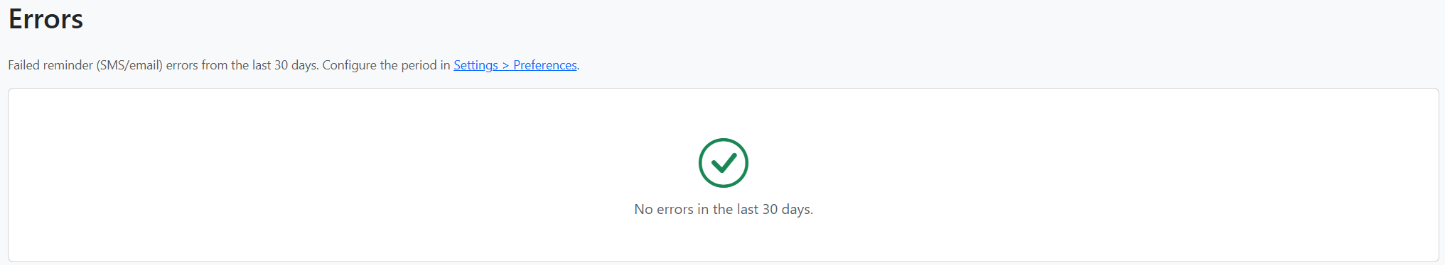 Errors page empty state showing no errors in the last 30 days