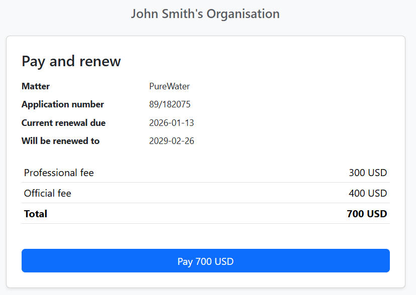 Pay and renew – matter details, fees, Pay button