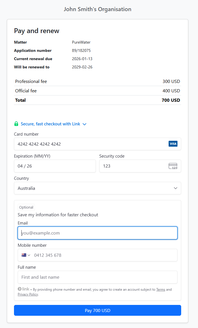 Pay and renew checkout – card details, optional save info