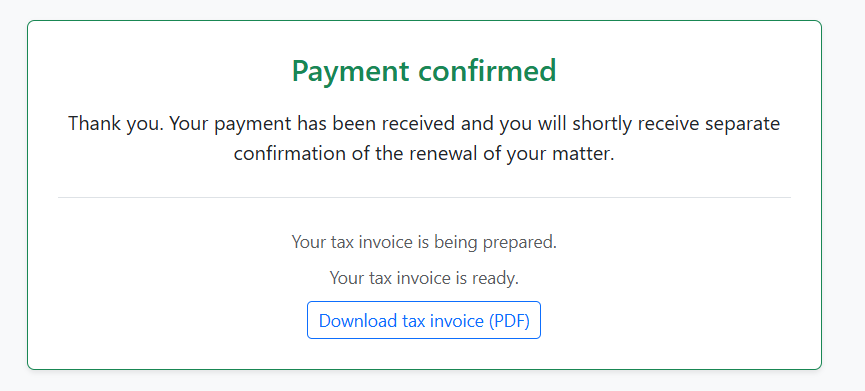 Payment confirmed – thank you, tax invoice download