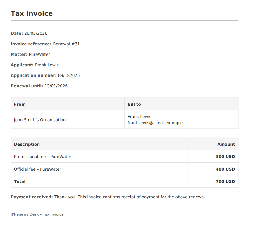 Tax invoice – matter, applicant, fees, payment received