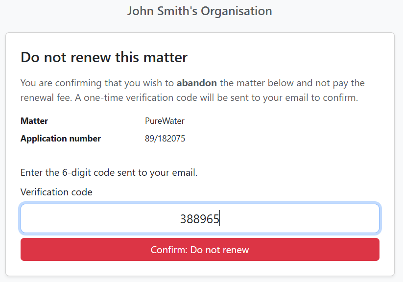 Do not renew – enter 6-digit code, Confirm button