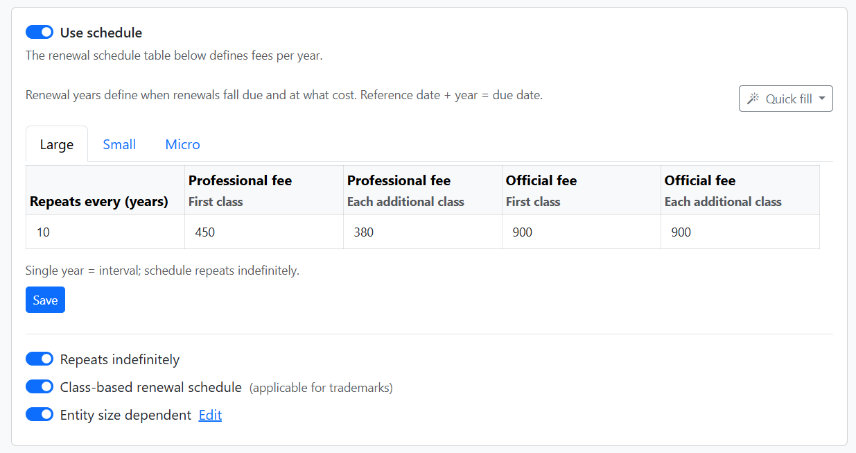 Class-based schedule with first class and additional class columns