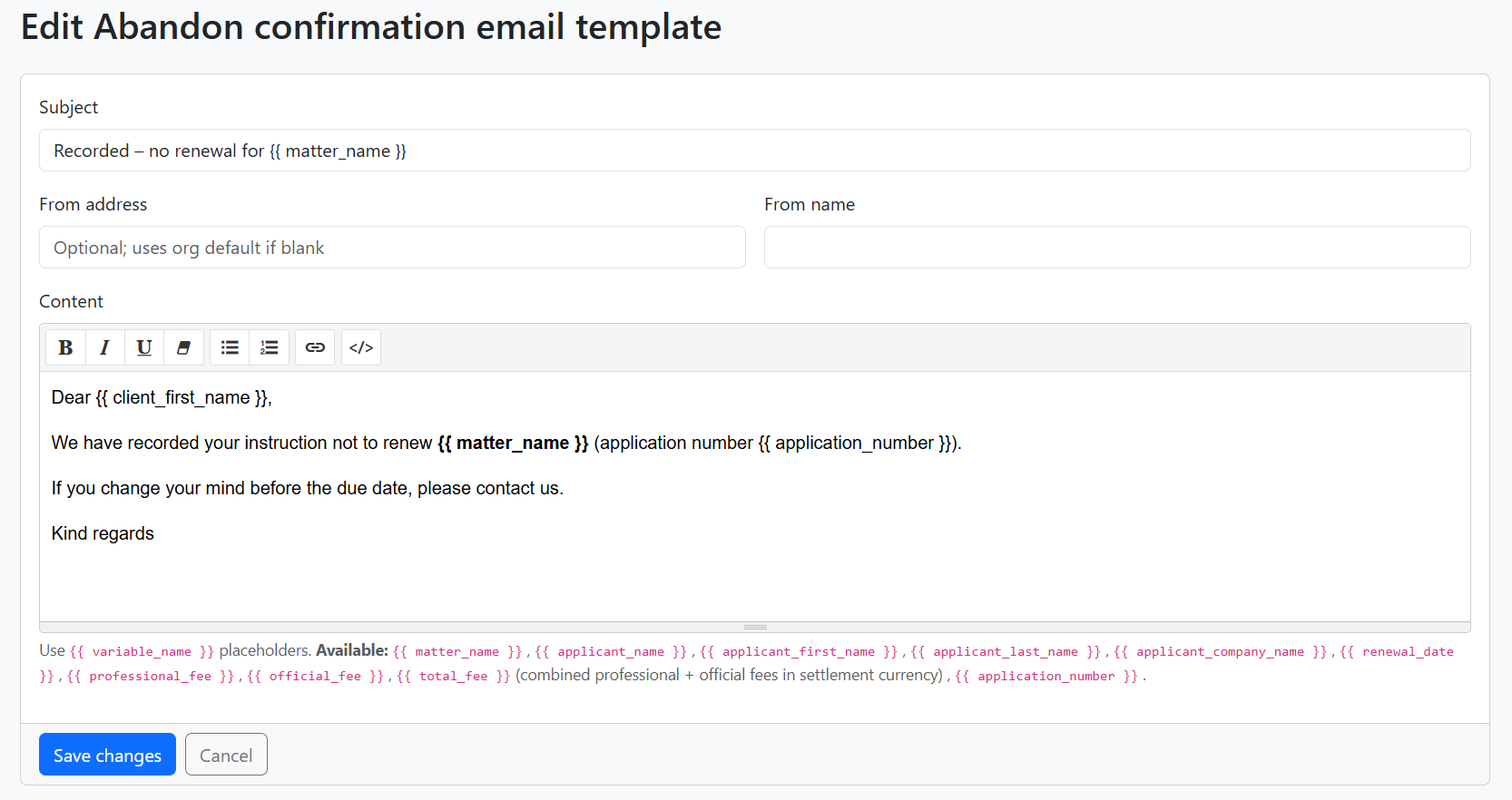 Edit Abandon confirmation template with placeholders