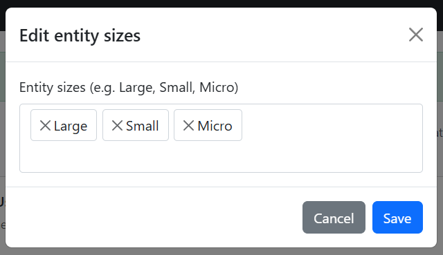 Edit entity sizes modal with Large, Small, Micro