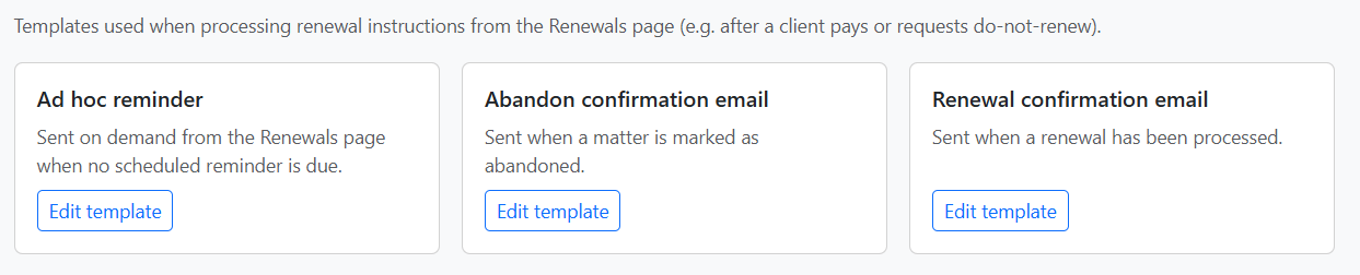 Ad hoc, Abandon confirmation, and Renewal confirmation email templates