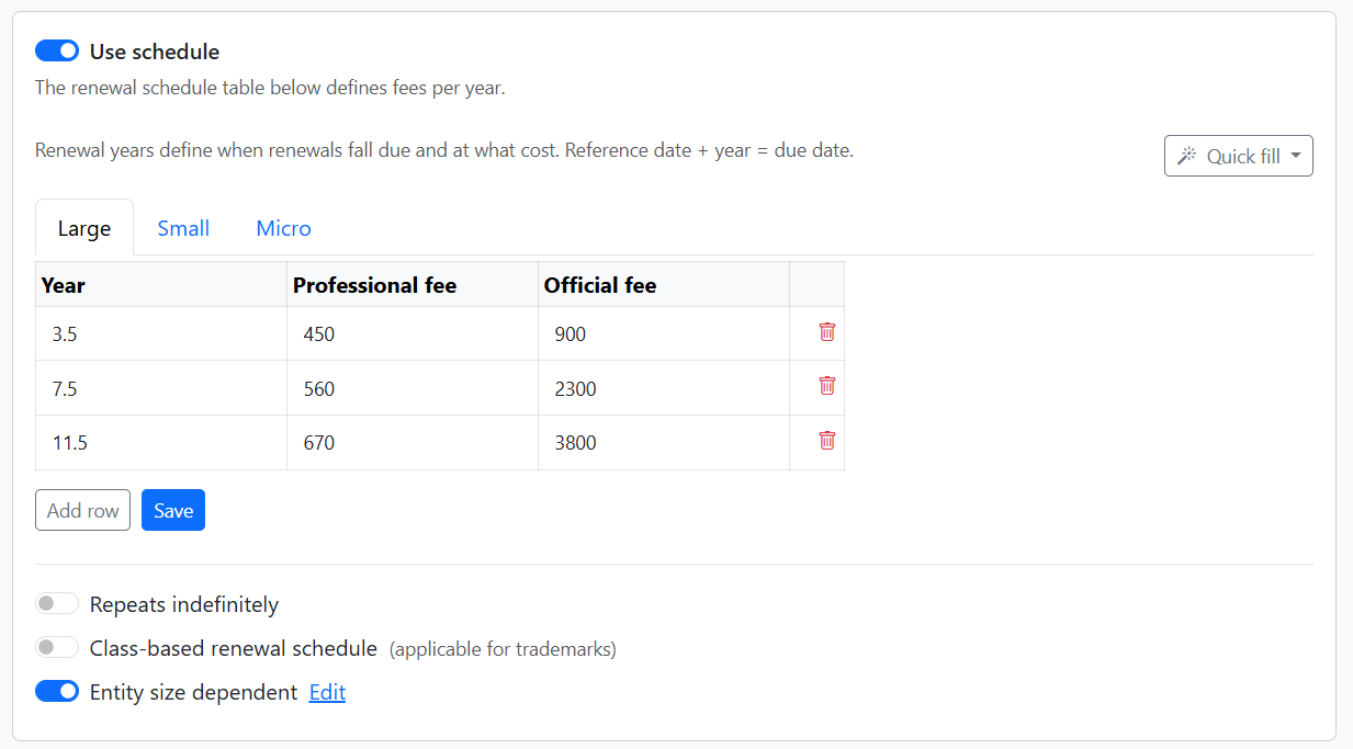 Entity size tabs: Large, Small, Micro with fee table