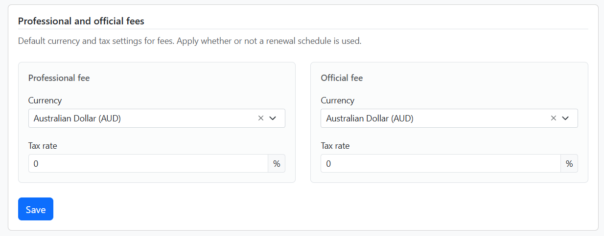 Professional and official fee currency and tax settings