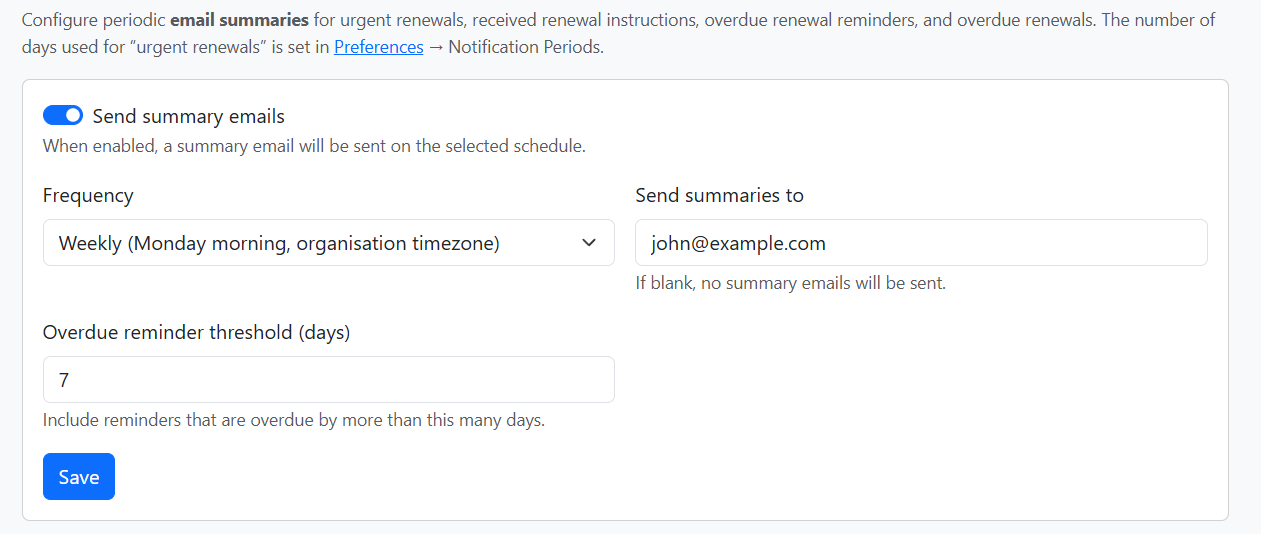 Email summaries: Send summary emails toggle, Frequency, Send summaries to, Overdue reminder threshold